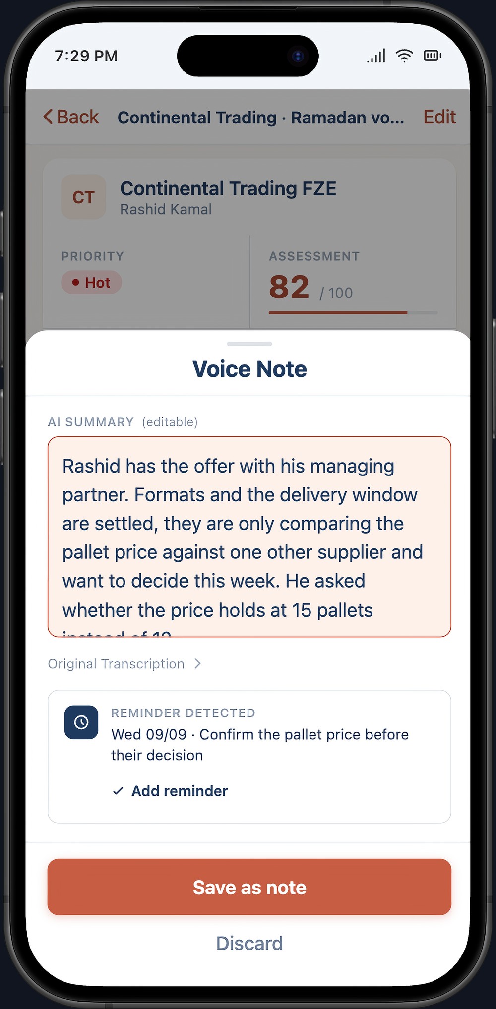 The app on the phone after a voice note: an editable summary, the reminder it detected with a date, and a button to save it to the lead